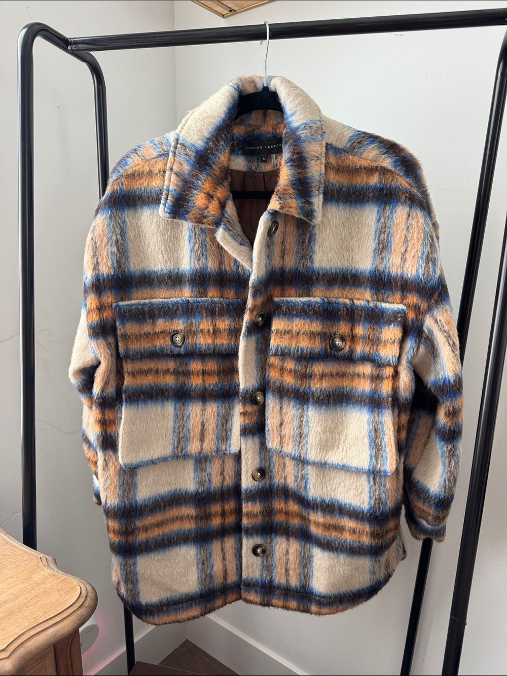 English Factory Cream Plaid Shacket with Blue & Brown Stripes